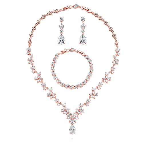 GULICX Wedding Jewelry for Bride, Silver Bridal Necklace Earrings Bracelet Set with Clear Cubic Zirconia, Bridemaids Jewelry Set for Wedding, Crystal Wedding Party Jewelry Set for Women Girls - color: Rose gold Plated