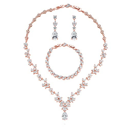GULICX Wedding Jewelry for Bride, Silver Bridal Necklace Earrings Bracelet Set with Clear Cubic Zirconia, Bridemaids Jewelry Set for Wedding, Crystal Wedding Party Jewelry Set for Women Girls - color: Rose gold Plated