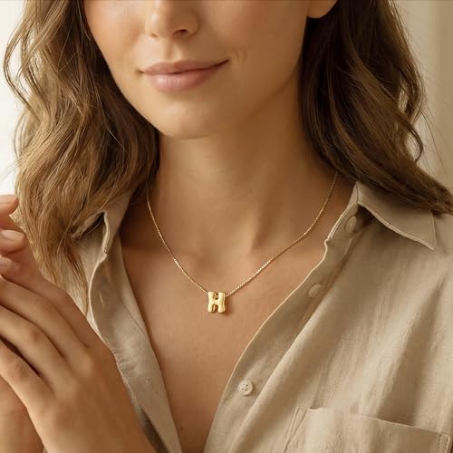 Bubble Gold Initial Necklaces for Women,14K Gold Plated A-Z Initial Necklaces for Women, Chunky balloon letter name Pendant Necklace Fashion Jewelry Gifts - color: H, style: Gold