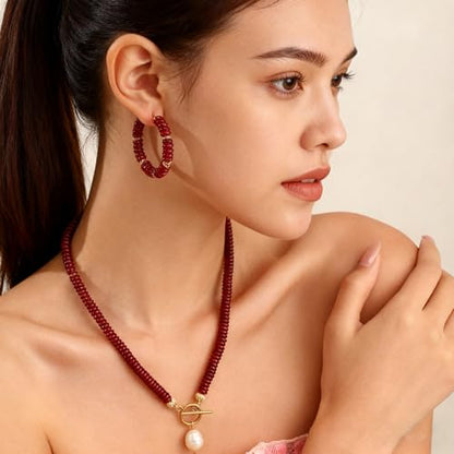 Wellike Beaded Hoop Earrings for Women Natural Stone Pink Gold Huggie Earrings Hypoallergenic Dainty Waterproof Trendy Jewelry - color: Burgundy, size: 40mm