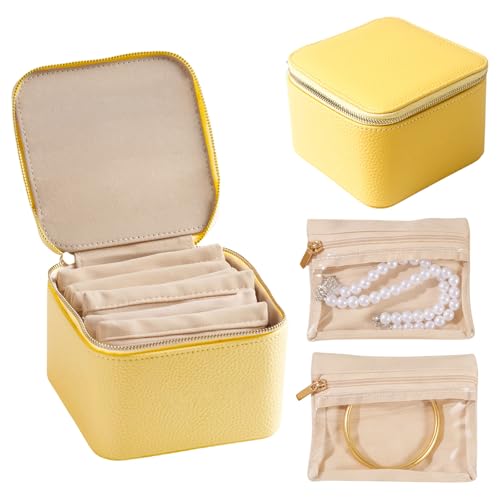 Travel Jewelry Case with 6 Velvet Zipped Pouches Bags, Yellow | Lychee grain textured, pu leather surface & soft velvet lining, for jewelries necklaces rings earrings sorting storage - color: Yellow - 6 Pouch