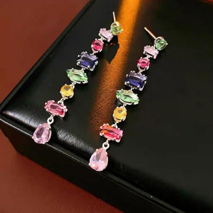 Silver Plated Rainbow Crystal Necklace, Sparkly Cubic Zirconia Rhinestone Multicolor Chain Choker Bracelet Earring Jewelry Set - style: Earrings