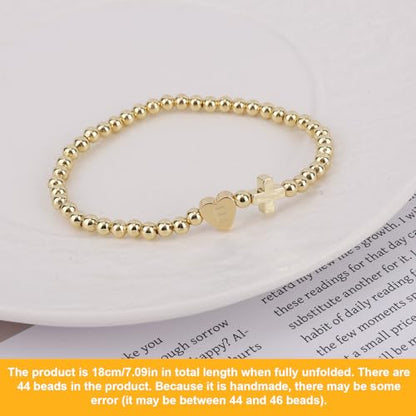 Mikovivi Women's Cross Bracelet with Initial Beads, Elastic Heart Alphabet Charm Stackable Beaded Bracelet Religious Christian Jewelry Gift - style: Letter E