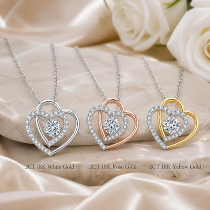 Double Heart Pendant Necklace (Women's Style), 2-Carat Moissanite Heart-Shaped Necklace, 18K white gold plating moissanite pendant Anniversary Birthday Gifts for Women, Jewelry Gift for Her Wife Girlfriend - size: 2-Carat rose gold