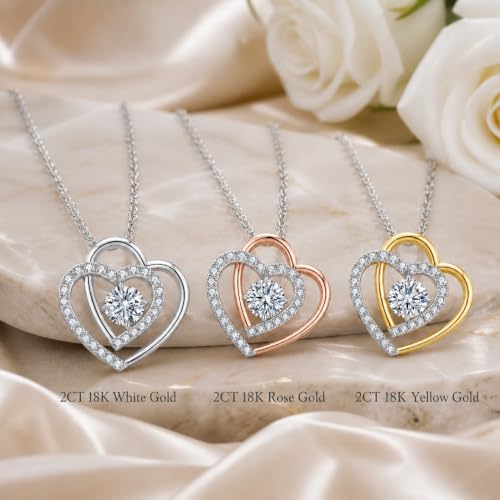 Double Heart Pendant Necklace (Women's Style), 2-Carat Moissanite Heart-Shaped Necklace, 18K white gold plating moissanite pendant Anniversary Birthday Gifts for Women, Jewelry Gift for Her Wife Girlfriend - size: 2-Carat white gold