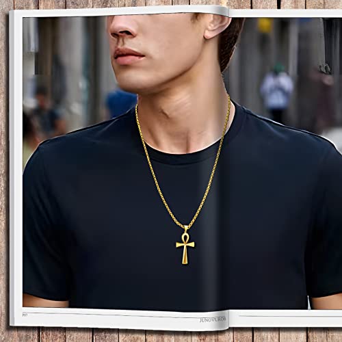 JUNOVUROS 18 to 28 Inches Rolo Chain Ancient Ankh Cross Pendant Necklace for Men Women Boys Girls 316L Stainless Steel with Large And Medium Sizes - color: A-Gold/Size: 1.77 '' * 0.98 ", style: 24 Inches