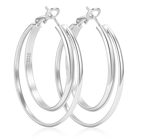 LOUMILEO 14k Gold Plated 925 Sterling Silver Post Double Hoop Earrings Hypoallergenic Lightweight Thin Large Hoop Earrings for Women 25/30/40/50/60mm - color: Silver-30mm