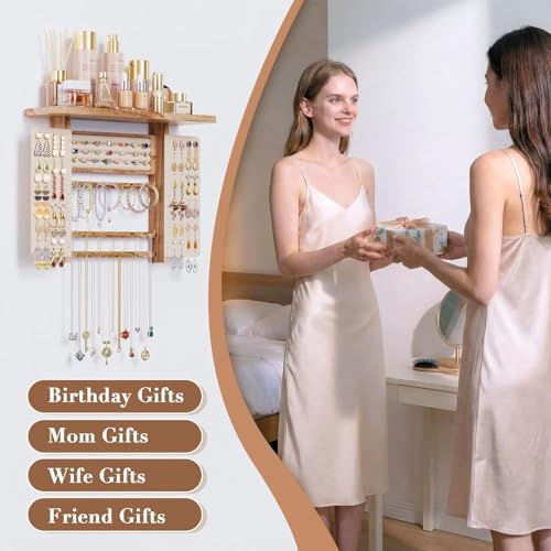 Emfogo Jewelry Organizer Hanging Wall Mounted Jewelry Holder, 5-in-1 Large Capacity Necklace Organizer Display for Ring, Necklaces, Bracelets, Earrings (Rustic Wood) - color: Rustic Wood