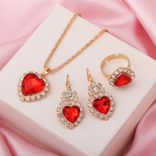 4 Pcs Heart Jewelry Set for Women fashion Cubic Zirconia Pendant Necklace Bracelet Earrings Dainty Open Ring Charm Prom Party, Birthday Valentines Mothers Day Christmas Jewelry Gift - style: Red