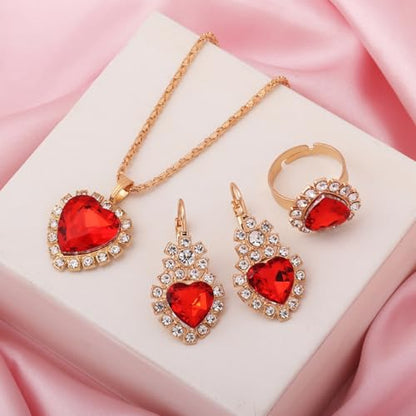 4 Pcs Heart Jewelry Set for Women fashion Cubic Zirconia Pendant Necklace Bracelet Earrings Dainty Open Ring Charm Prom Party, Birthday Valentines Mothers Day Christmas Jewelry Gift - style: Red