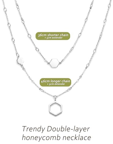 UBGICIG Honeycomb Layered Necklaces for Women Stackable, Dainty Layering Pendant Necklace Non Tarnish, Trendy 16K Plated Silver Gold Necklace Stack Chain Women's Fashion Jewelry - color: Layered Honeycomb-Silver Color