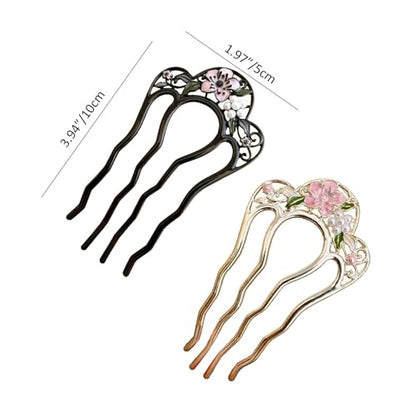 2 Pack Flower Pattern U Shaped Hair Pins for Buns Creative 4 Prong Hair Updo Hair Sticks Metal Teeth Hair Fork Clips Attractive Hair Accessories (Multi-Color)