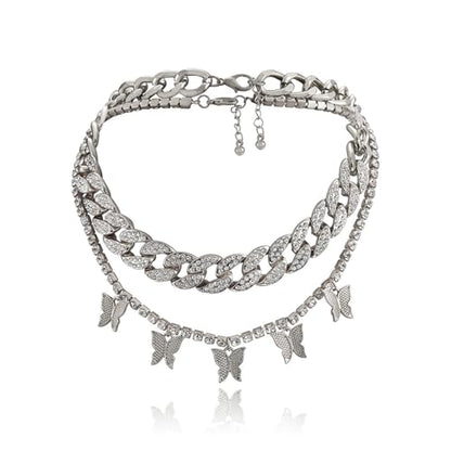 2Pcs Layered Hip Hop Shiny Rhinestone Bead Chunky Chain Butterfly Pendant Necklace Punk Crystal Cuban Link Chain Choker Collar Necklace for Women Party Birthday BarJewelry Gift - color: H silver-3