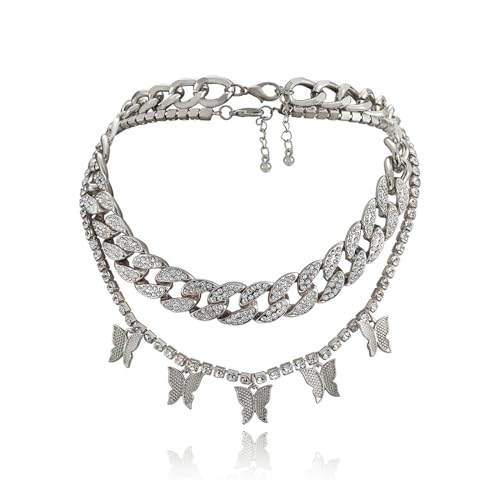 2Pcs Layered Hip Hop Shiny Rhinestone Bead Chunky Chain Butterfly Pendant Necklace Punk Crystal Cuban Link Chain Choker Collar Necklace for Women Party Birthday BarJewelry Gift - color: H silver-3