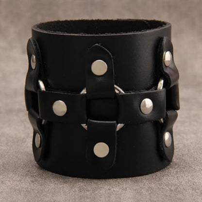 GelConnie Leather Cuff Bracelet for Men Women Wide Leather Wristband Thick Viking Mens Leather Bracelets Gothic Wrist Band Vintage Rock Wristband - style: Leather Wrap Cuff