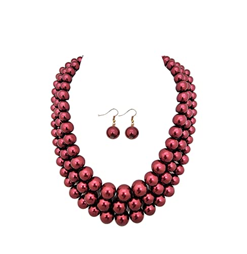 Fashion 21 Women's Faux Pearl Three Multi-Strand Statement Necklace and Earrings Set - color: Burgundy Wine
