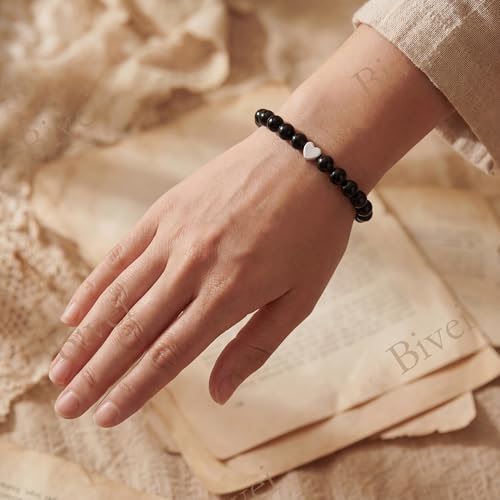 Bivei Crystal Stretch 6mm Bracelets for Women | Handmade Natural Stone Beaded Stretch Bracelet, Stainless Steel Heart Bead, Tranquility Yoga Gift Jewelry for Women - color: Black Onyx - Grounding