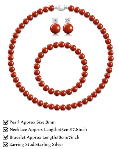 Pearl Necklaces for Women,8mm Pearl Necklace and Earring Bracelet Jewelry Set for Women Men Wedding Birthday Valentine Christmas Day Gifts - color: Red