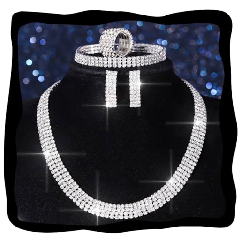 Aukmla Rhinestones Bridal Wedding Jewelry Set Silver Choker Necklaces Earrings Bracelet Ring Sets Prom Jewelry for Women - color: Silver