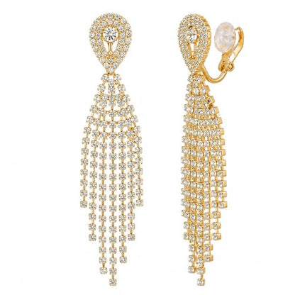 Rhinestone Clip on Earrings for Women Gold/Silver Prom Dresses 2026 Sparkly Chandelier Long Earrings Wedding Guest Jewelry - color: A:Gold Chandelier Clip on