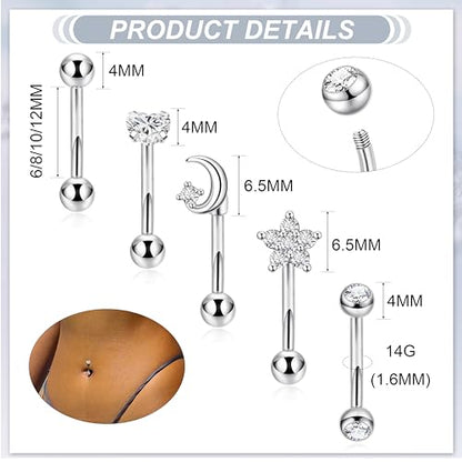 5Pcs 14G 316L Stainless Steel Small Belly Button Ring for Women Petite Navel Rings Tiny Hypoallergenic Belly Ring Cubic Zirconia Simple Belly Piercing Jewelry 6/8/10/12MM - color: Silver, size: Bar Length 8MM