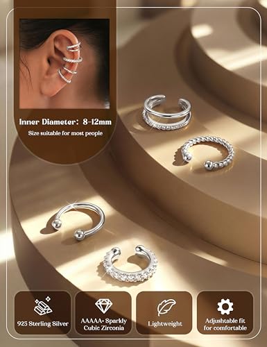 LOLIAS 925 Sterling Silver Ear Cuffs Non Piercing - 14K Gold Plated Ear Cuff Earrings for Women Adjustable Clip on Cartialge Earrings Non Pierced Fake Earring Stacks - color: Silver-CZ Double Hoop