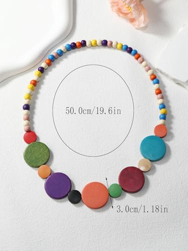 Colorful Ethnic Wooden Earrings Round Statement Dangle Earrings Multilayered Geometric Beaded Bracelet Necklace Set for Women Exaggerated Tribal Jewelry - color: Round Disc Pendant Neck Chain-Colorful