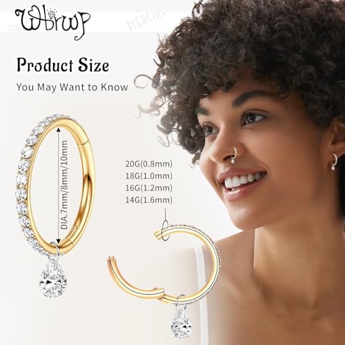 WBRWP 316L Stainless Steel Nose Hoop Rings Clicker with Zircon/Opal 14g-20g | Hypoallergenic Nose Rings Segment Clicker Lip Rings Cartilage Rook Conch Earrings Diameter 5mm-10mm - color: Gold ring with zircon and dangle-1pc pack
