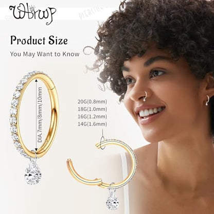 WBRWP 316L Stainless Steel Nose Hoop Rings Clicker with Zircon/Opal 14g-20g | Hypoallergenic Nose Rings Segment Clicker Lip Rings Cartilage Rook Conch Earrings Diameter 5mm-10mm - color: Gold ring with zircon and dangle-1pc pack
