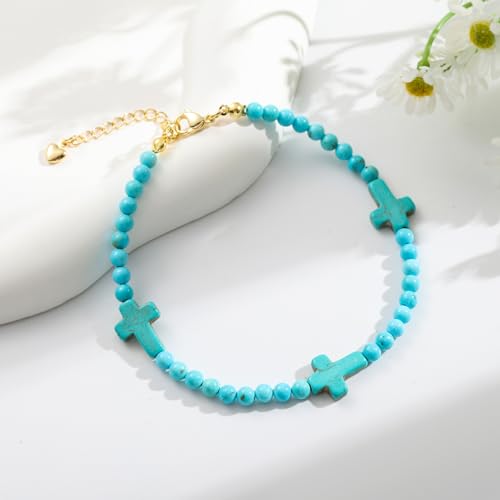 Starain Stone Beaded Anklets for Women Handmade Beach Turquoise Beads Ankle Bracelet Trendy Boho Cross Bead Anklet Jewelry 8 inch Adjustable - color: A