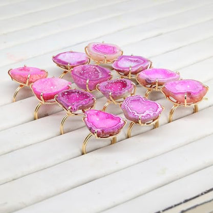 Elegant Geode Druzy Gemstone Statement Ring for Women, Adjustable Ring, Gold Plated Stone Size 20-25mm - color: Pink, style: 1