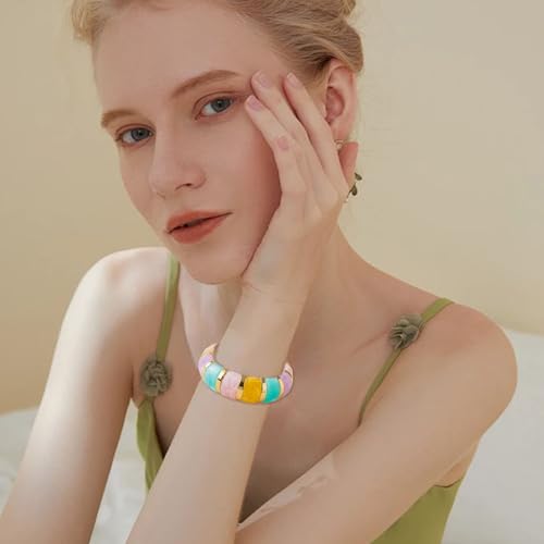 YBMYCM Acrylic Chunky Bangles Bracelets for Women Resin Gold-plated Stackable Stretch Bracelet Wide Wristbands Gift Jewelry - color: Colorful