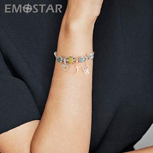 EMOSTAR Letter Charms Initial A-Z Alphabet Beads, Rose Gold 925 Sterling Silver Dangle CZ Birthstone Pendant, Gifts for European Charm Bracelet/Mothers Day/Birthday - color: Letter F