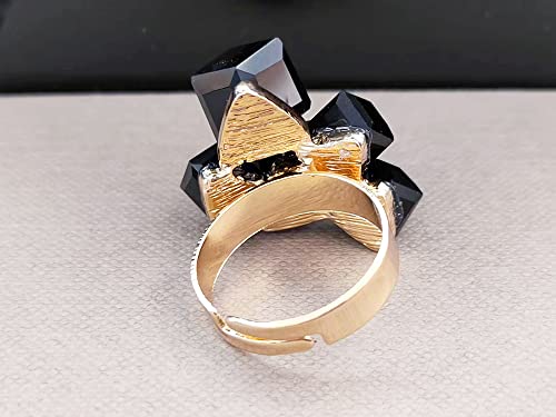 Hebelee Boho Square Crystal Statement Ring for Women Adjustable | Gold-Toned Expandable Promise Engagement Geometric Rings Comfort Fit Elegant Art Deco Christmas Cocktail Y2K Jewelry - color: Black