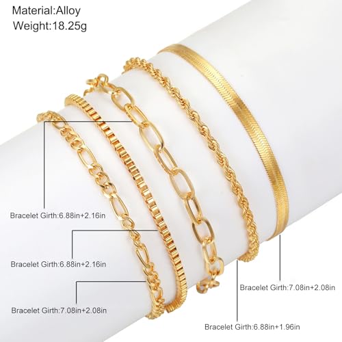 Women's Bracelet Set, 5PCS Gold Plated Stackable Bracelets - Thin Chain, Cuban Link, Paperclip Styles, Dainty Fashion Jewelry Gift for Women