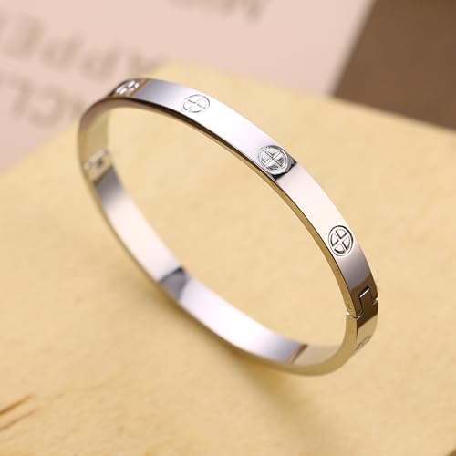 Women's Stainless Steel 18K Gold-Plated Cubic Zirconia Bracelet, Love and Friendship Jewelry Bracelet, Cuff Crystal Jewelry for Mother's Day, Father's Day, Valentine's Day, the Best Gifts for Married and Birthdays - color: Cross Silvery