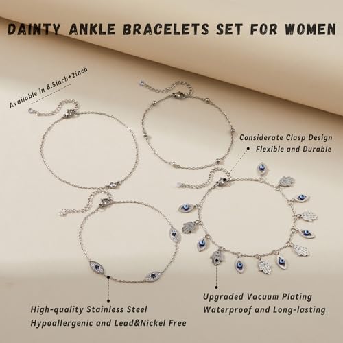 LOFITOR Anklets for Women Ankle Bracelet Charm Link Chain Set Foot | Waterproof Dainty Cz Evil Eye Beaded Anklets Adjustable Beach Foot Jewelry Feet Chains, Summer Beach Foot Jewelry Gifts - style: Evil-eye Silver