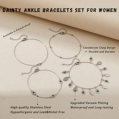 LOFITOR Anklets for Women Ankle Bracelet Charm Link Chain Set Foot | Waterproof Dainty Cz Evil Eye Beaded Anklets Adjustable Beach Foot Jewelry Feet Chains, Summer Beach Foot Jewelry Gifts - style: Evil-eye Silver