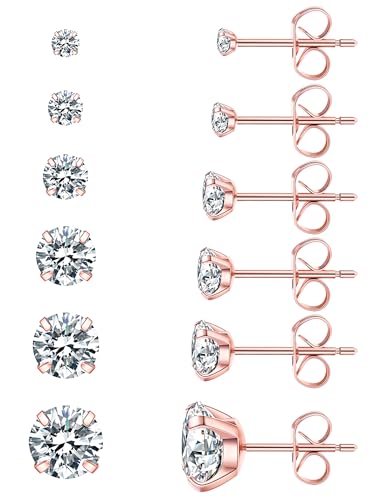 6 Pairs Stud Earrings Set, Hypoallergenic Cubic Zirconia 316L Earrings Stainless Steel CZ Earrings 3-8mm (Steel color) - color: A-003-Rose Gold