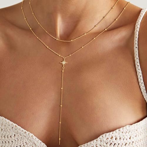 Lariat Gold Necklace for Women, Dainty Long Necklace 14k Gold Plated/Silver Y-Shaped Pendant Necklace Trendy Layered Cz Beaded Chain Drop Necklaces Simple Gold Jewelry for Women Gift - style: LC-2NK-24523-GDW
