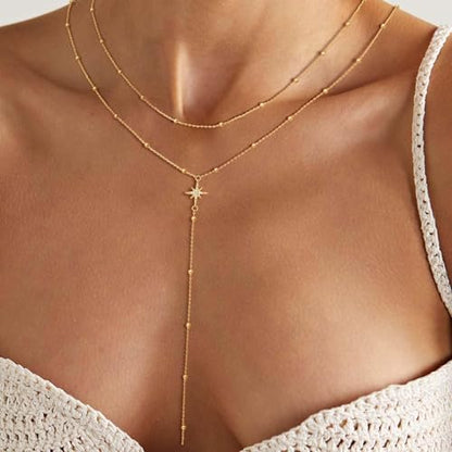 Lariat Gold Necklace for Women, Dainty Long Necklace 14k Gold Plated/Silver Y-Shaped Pendant Necklace Trendy Layered Cz Beaded Chain Drop Necklaces Simple Gold Jewelry for Women Gift - style: LC-2NK-24523-GDW