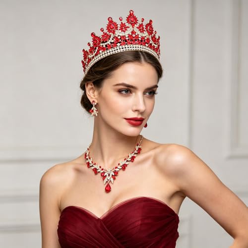Crowns and Tiaras Jewelry Set for Women.Wedding (Gold Green) | Wedding Crown, Necklace Earrings, Princess Queen Birthday Party, Pageant Bridal, Costume Accessories - color: Gold Red
