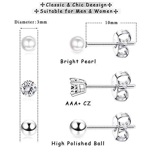EPIRORA Sterling Silver Stud Earrings for Women Men- 3 Pairs 3mm Tiny Ball Stud Earrings Round CZ Earrings Pearl Earrings Set Cartilage Small Tragus Earrings - style: 3 Pairs-Pearl*1,Round Ball*1,CZ*1