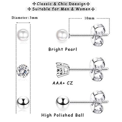 EPIRORA Sterling Silver Stud Earrings for Women Men- 3 Pairs 3mm Tiny Ball Stud Earrings Round CZ Earrings Pearl Earrings Set Cartilage Small Tragus Earrings - style: 3 Pairs-Pearl*1,Round Ball*1,CZ*1