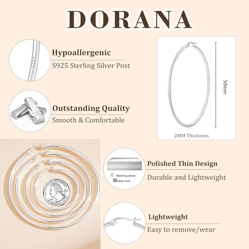 2mm Thin 14K Gold Plated Large S925 Sterling Silver Hoop Earrings for Women Hypoallergenic Big Hoop Non Tarnish Earrings Lightweight 20/30/40/50/60/70mm - color: Silver-50mm