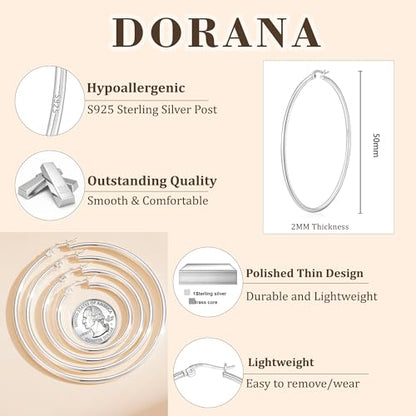 2mm Thin 14K Gold Plated Large S925 Sterling Silver Hoop Earrings for Women Hypoallergenic Big Hoop Non Tarnish Earrings Lightweight 20/30/40/50/60/70mm - color: Silver-50mm
