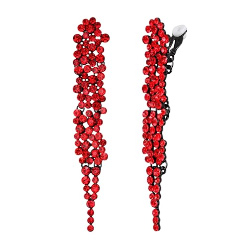 EVER FAITH Rhinestone Crystal Art Deco Statement Clip-on Earring, Wedding Prom Long Chandelier Dangle Earrings for Women - color: Red Black-Tone