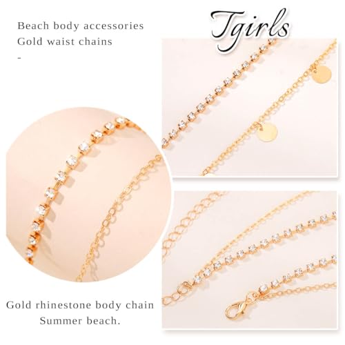Tgirls Gold Waist Chain for Women Rhinestone Layered Belly Chains Beads Body Chain Heart-Shaped Beach Body Jewelry for Summer - style: Rhinestone