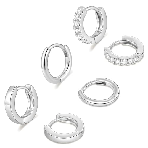 micuco 3 Pairs Small Gold Hoop Huggie Earrings Set for Women Men Tendy | 14K Gold Plated Small Huggie Hoop Earrings for Men, Tiny Cartilage Hypoallergenic Earring Set - style: P# 3 Pairs Silver 8-8-8mm
