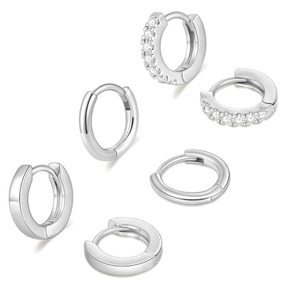 micuco 3 Pairs Small Gold Hoop Huggie Earrings Set for Women Men Tendy | 14K Gold Plated Small Huggie Hoop Earrings for Men, Tiny Cartilage Hypoallergenic Earring Set - style: P# 3 Pairs Silver 8-8-8mm